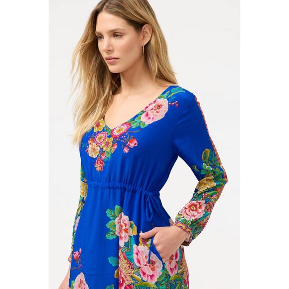 Johnny Was Dress Large Tiered Maxi Victoria Scarf Blue Silk Floral Boho Artsy - Picture 3 of 14